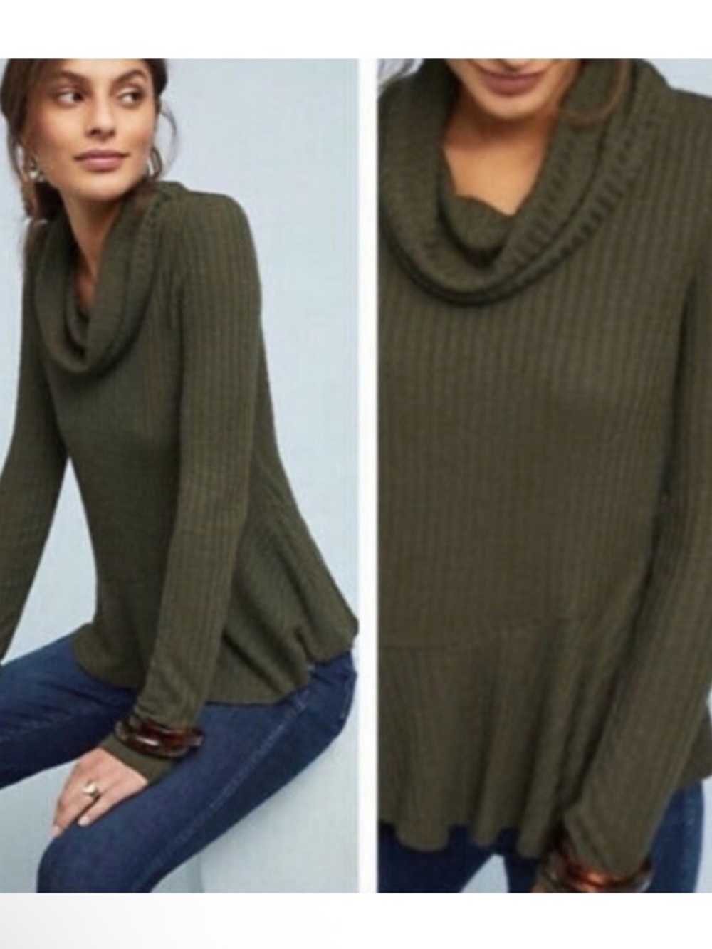 Anthro Maeve Dark Olive Ribbed Cowl Neck Peplum Sweater Top